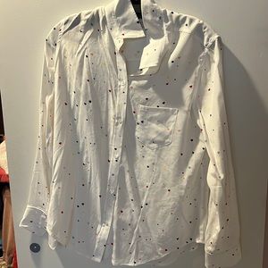 White silky long sleeve button down blouse with multicolor heart pattern size S